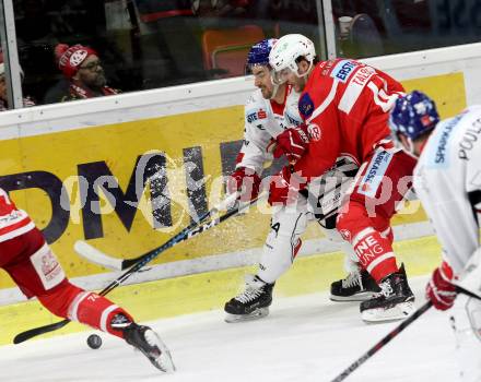 EBEL. Eishockey Bundesliga. KAC gegen 	HC TWK Innsbruck. Jullian Talbot,  (KAC), Sacha Guimond (Innsbruck). Klagenfurt, am 11.2.2018.
Foto: Kuess

---
pressefotos, pressefotografie, kuess, qs, qspictures, sport, bild, bilder, bilddatenbank