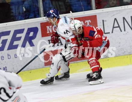 EBEL. Eishockey Bundesliga. KAC gegen 	HC TWK Innsbruck. Jullian Talbot,  (KAC), Sacha Guimond (Innsbruck). Klagenfurt, am 11.2.2018.
Foto: Kuess

---
pressefotos, pressefotografie, kuess, qs, qspictures, sport, bild, bilder, bilddatenbank