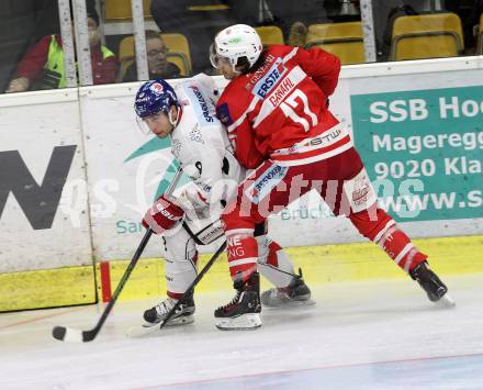 EBEL. Eishockey Bundesliga. KAC gegen 	HC TWK Innsbruck. Manuel Ganahl, (KAC), Hunter Bishop (Innsbruck). Klagenfurt, am 11.2.2018.
Foto: Kuess

---
pressefotos, pressefotografie, kuess, qs, qspictures, sport, bild, bilder, bilddatenbank