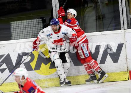 EBEL. Eishockey Bundesliga. KAC gegen 	HC TWK Innsbruck. Ramon Schnetzer, (KAC), John Lammers  (Innsbruck). Klagenfurt, am 11.2.2018.
Foto: Kuess

---
pressefotos, pressefotografie, kuess, qs, qspictures, sport, bild, bilder, bilddatenbank