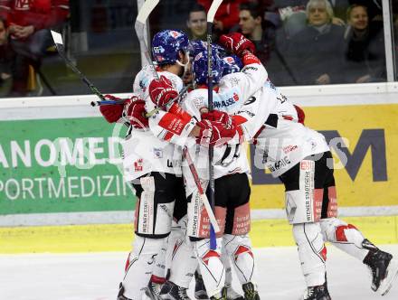 EBEL. Eishockey Bundesliga. KAC gegen 	HC TWK Innsbruck. Torjubel John Lammers, Lubomir Stach, Jeremie Ouelette Blain (Innsbruck). Klagenfurt, am 11.2.2018.
Foto: Kuess

---
pressefotos, pressefotografie, kuess, qs, qspictures, sport, bild, bilder, bilddatenbank