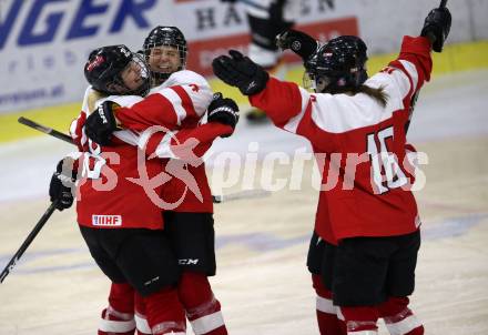 Eishockey Laenderspiel Oesterreich gegen Deutschland. Damen. Woerthersee Trophy. Torjubel Alessandra Lopez, Isabella Burghart, Eva-Maria Beiter (Oesterreich). Klagenfurt, am 16.2.2018.
Foto: Kuess

---
pressefotos, pressefotografie, kuess, qs, qspictures, sport, bild, bilder, bilddatenbank