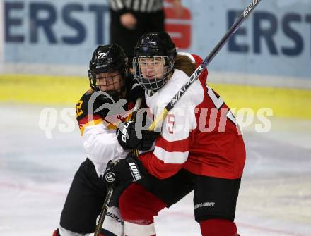 Eishockey Laenderspiel Oesterreich gegen Deutschland. Damen. Woerthersee Trophy. Nadha Granitz,  (Oesterreich), Marie Delarbre (Deutschland). Klagenfurt, am 16.2.2018.
Foto: Kuess

---
pressefotos, pressefotografie, kuess, qs, qspictures, sport, bild, bilder, bilddatenbank