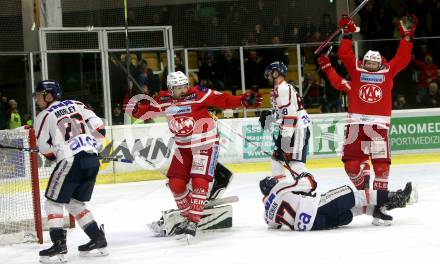 EBEL. Eishockey Bundesliga. KAC gegen 	KHL Medvescak Zagreb. Torjubel Andrew Jacob Kozek, Jamie Lundmark (KAC). Klagenfurt, am 21.2.2018.
Foto: Kuess

---
pressefotos, pressefotografie, kuess, qs, qspictures, sport, bild, bilder, bilddatenbank