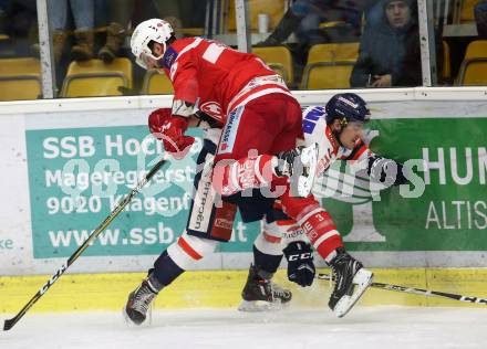 EBEL. Eishockey Bundesliga. KAC gegen 	KHL Medvescak Zagreb. David Joseph Fischer, (KAC),  Ivan Jankovic (Zagreb). Klagenfurt, am 21.2.2018.
Foto: Kuess

---
pressefotos, pressefotografie, kuess, qs, qspictures, sport, bild, bilder, bilddatenbank