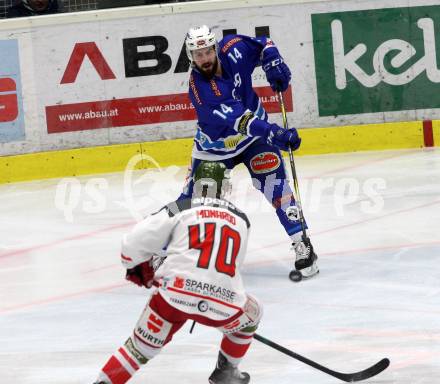 EBEL. Eishockey Bundesliga. EC VSV gegen HCB Suedtirol Alperia. Kyle Beach (VSV), Monardo Domenic (Bozen). Villach, am 21.2.2018.
Foto: Kuess 


---
pressefotos, pressefotografie, kuess, qs, qspictures, sport, bild, bilder, bilddatenbank