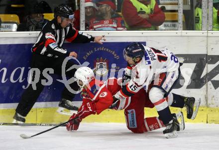 EBEL. Eishockey Bundesliga. KAC gegen 	KHL Medvescak Zagreb. Andrew Jacob Kozek,  (KAC), Ivan Puzic (Zagreb). Klagenfurt, am 21.2.2018.
Foto: Kuess

---
pressefotos, pressefotografie, kuess, qs, qspictures, sport, bild, bilder, bilddatenbank