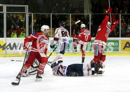 EBEL. Eishockey Bundesliga. KAC gegen 	KHL Medvescak Zagreb. Torjubel Manuel Ganahl, Andrew Jacob Kozek, Jamie Lundmark (KAC). Klagenfurt, am 21.2.2018.
Foto: Kuess

---
pressefotos, pressefotografie, kuess, qs, qspictures, sport, bild, bilder, bilddatenbank