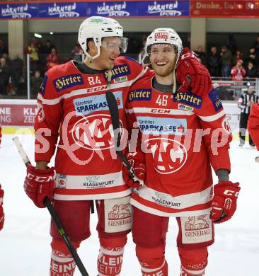 EBEL. Eishockey Bundesliga. KAC gegen 	KHL Medvescak Zagreb. Ramon Schnetzer, Johannes Bischofberger (KAC). Klagenfurt, am 21.2.2018.
Foto: Kuess

---
pressefotos, pressefotografie, kuess, qs, qspictures, sport, bild, bilder, bilddatenbank