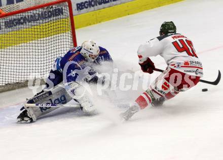 EBEL. Eishockey Bundesliga. EC VSV gegen HCB Suedtirol Alperia. David Kickert, (VSV), Monardo Domenic (Bozen). Villach, am 21.2.2018.
Foto: Kuess 


---
pressefotos, pressefotografie, kuess, qs, qspictures, sport, bild, bilder, bilddatenbank