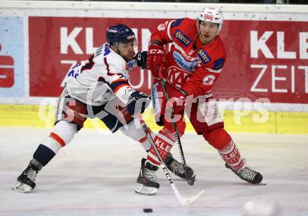 EBEL. Eishockey Bundesliga. KAC gegen 	KHL Medvescak Zagreb. Patrick Harand, (KAC), Garrett Noonan  (Zagreb). Klagenfurt, am 21.2.2018.
Foto: Kuess

---
pressefotos, pressefotografie, kuess, qs, qspictures, sport, bild, bilder, bilddatenbank
