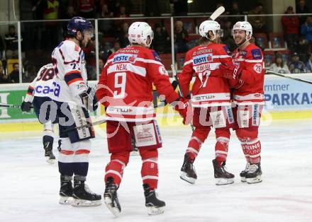 EBEL. Eishockey Bundesliga. KAC gegen 	KHL Medvescak Zagreb. Torjubel Manuel Ganahl, Jonathan Rheault, Matthew Neal (KAC). Klagenfurt, am 21.2.2018.
Foto: Kuess

---
pressefotos, pressefotografie, kuess, qs, qspictures, sport, bild, bilder, bilddatenbank