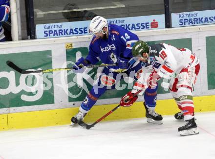 EBEL. Eishockey Bundesliga. EC VSV gegen HCB Suedtirol Alperia. Kyle Beach (VSV), Bernard Anton (Bozen). Villach, am 21.2.2018.
Foto: Kuess 


---
pressefotos, pressefotografie, kuess, qs, qspictures, sport, bild, bilder, bilddatenbank