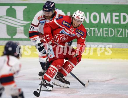 EBEL. Eishockey Bundesliga. KAC gegen 	KHL Medvescak Zagreb. Johannes Bischofberger,  (KAC), Tomas Netik (Zagreb). Klagenfurt, am 21.2.2018.
Foto: Kuess

---
pressefotos, pressefotografie, kuess, qs, qspictures, sport, bild, bilder, bilddatenbank