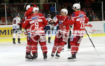 EBEL. Eishockey Bundesliga. KAC gegen 	KHL Medvescak Zagreb. Torjubel Manuel Ganahl, Jonathan Rheault, Matthew Neal, Kevin Kapstad, Martin Schumnig (KAC). Klagenfurt, am 21.2.2018.
Foto: Kuess

---
pressefotos, pressefotografie, kuess, qs, qspictures, sport, bild, bilder, bilddatenbank