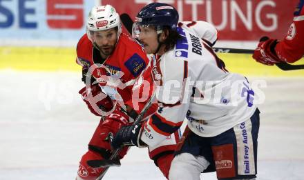 EBEL. Eishockey Bundesliga. KAC gegen 	KHL Medvescak Zagreb. Thomas Koch,  (KAC), David Brine (Zagreb). Klagenfurt, am 21.2.2018.
Foto: Kuess

---
pressefotos, pressefotografie, kuess, qs, qspictures, sport, bild, bilder, bilddatenbank