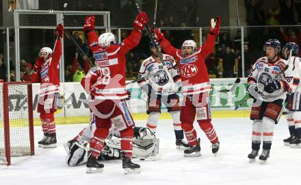 EBEL. Eishockey Bundesliga. KAC gegen 	KHL Medvescak Zagreb. Torjubel Martin Schumnig, Manuel Geier (KAC). Klagenfurt, am 21.2.2018.
Foto: Kuess

---
pressefotos, pressefotografie, kuess, qs, qspictures, sport, bild, bilder, bilddatenbank