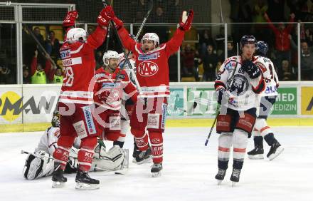 EBEL. Eishockey Bundesliga. KAC gegen 	KHL Medvescak Zagreb. Torjubel Martin Schumnig, Manuel Geier, Andrew Jacob Kozek (KAC). Klagenfurt, am 21.2.2018.
Foto: Kuess

---
pressefotos, pressefotografie, kuess, qs, qspictures, sport, bild, bilder, bilddatenbank