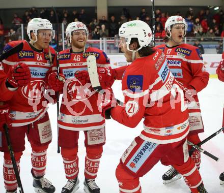 EBEL. Eishockey Bundesliga. KAC gegen 	KHL Medvescak Zagreb. Ramon Schnetzer, Johannes Bischofberger, Manuel Geier, Manuel Ganahl (KAC). Klagenfurt, am 21.2.2018.
Foto: Kuess

---
pressefotos, pressefotografie, kuess, qs, qspictures, sport, bild, bilder, bilddatenbank