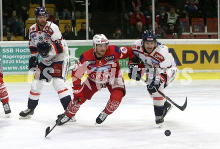 EBEL. Eishockey Bundesliga. KAC gegen 	KHL Medvescak Zagreb. Matthew Neal,  (KAC), David Brine, Tomas Kudelka (Zagreb). Klagenfurt, am 21.2.2018.
Foto: Kuess

---
pressefotos, pressefotografie, kuess, qs, qspictures, sport, bild, bilder, bilddatenbank