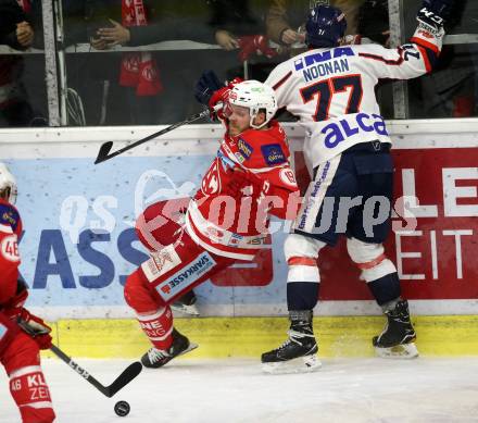 EBEL. Eishockey Bundesliga. KAC gegen 	KHL Medvescak Zagreb. Stefan Geier,  (KAC), Garrett Noonan (Zagreb). Klagenfurt, am 21.2.2018.
Foto: Kuess

---
pressefotos, pressefotografie, kuess, qs, qspictures, sport, bild, bilder, bilddatenbank