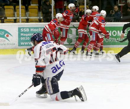 EBEL. Eishockey Bundesliga. KAC gegen 	KHL Medvescak Zagreb. Torjubel Manuel Ganahl, Andrew Jacob Kozek, Jamie Lundmark, David Joseph Fischer, Nickolas St. Pierre (KAC). Klagenfurt, am 21.2.2018.
Foto: Kuess

---
pressefotos, pressefotografie, kuess, qs, qspictures, sport, bild, bilder, bilddatenbank