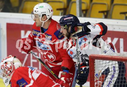 EBEL. Eishockey Bundesliga. KAC gegen 	KHL Medvescak Zagreb. Nickolas St. Pierre,  (KAC), Michael Boivin (Zagreb). Klagenfurt, am 21.2.2018.
Foto: Kuess

---
pressefotos, pressefotografie, kuess, qs, qspictures, sport, bild, bilder, bilddatenbank