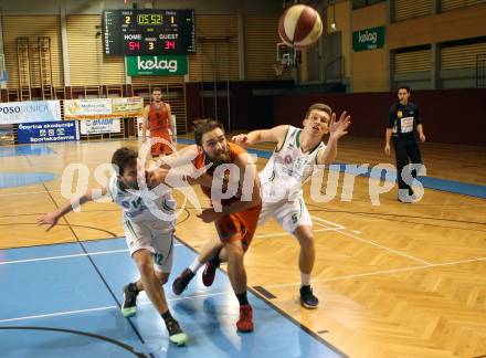 Basketball 2. Bundesliga. Grunddurchgang. 20. Runde. KOS Celovec gegen Basket2000 Vienna Warriors. Christian Erschen, Andi Smrtnik, (KOS),  Jakob Traxler  (Basket2000). Klagenfurt, am 24.2.2018.
Foto: Kuess
---
pressefotos, pressefotografie, kuess, qs, qspictures, sport, bild, bilder, bilddatenbank