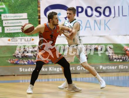 Basketball 2. Bundesliga. Grunddurchgang. 20. Runde. KOS Celovec gegen Basket2000 Vienna Warriors. Jan Razdevsek, (KOS), Armin Topic  (Basket2000). Klagenfurt, am 24.2.2018.
Foto: Kuess
---
pressefotos, pressefotografie, kuess, qs, qspictures, sport, bild, bilder, bilddatenbank