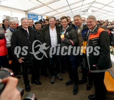 Schi, Ski Alpin. Empfang Olympiasieger Matthias Mayer in Afritz. Landeshauptmann Peter Kaiser, Franz Klammer, Matthias Mayer, Fritz Strobl. Afritz, 24.2.2018.
Foto: Kuess
---
pressefotos, pressefotografie, kuess, qs, qspictures, sport, bild, bilder, bilddatenbank