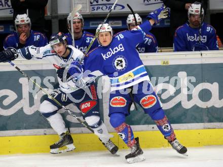 EBEL. Eishockey Bundesliga. EC VSV gegen Fehervar AV19. Sam Antonitsch,  (VSV), Bence Stipsicz (Alba Volan). Villach, am 25.2.2018.
Foto: Kuess 


---
pressefotos, pressefotografie, kuess, qs, qspictures, sport, bild, bilder, bilddatenbank