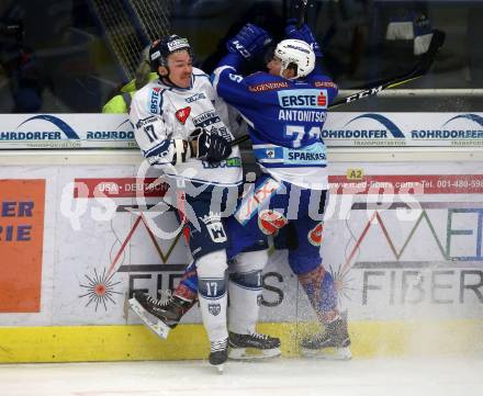 EBEL. Eishockey Bundesliga. EC VSV gegen Fehervar AV19. Sam Antonitsch, (VSV), Juha Uotila (Alba Volan). Villach, am 25.2.2018.
Foto: Kuess 


---
pressefotos, pressefotografie, kuess, qs, qspictures, sport, bild, bilder, bilddatenbank