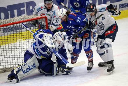 EBEL. Eishockey Bundesliga. EC VSV gegen Fehervar AV19. Lukas Herzog, Samuel Labrecque,  (VSV), Tamas Robert Sarpatki, Ales Music (Alba Volan). Villach, am 25.2.2018.
Foto: Kuess 


---
pressefotos, pressefotografie, kuess, qs, qspictures, sport, bild, bilder, bilddatenbank