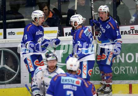 EBEL. Eishockey Bundesliga. EC VSV gegen Fehervar AV19. Torjubel Nikolas Petrik, Christof Kromp, Felix Maxa (VSV). Villach, am 25.2.2018.
Foto: Kuess 


---
pressefotos, pressefotografie, kuess, qs, qspictures, sport, bild, bilder, bilddatenbank