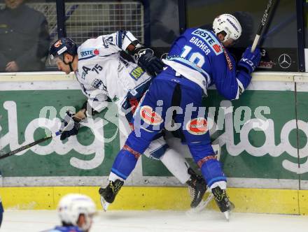 EBEL. Eishockey Bundesliga. EC VSV gegen Fehervar AV19. Stefan Bacher, (VSV), Jeff Lovecchio  (Alba Volan). Villach, am 25.2.2018.
Foto: Kuess 


---
pressefotos, pressefotografie, kuess, qs, qspictures, sport, bild, bilder, bilddatenbank