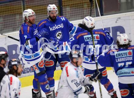 EBEL. Eishockey Bundesliga. EC VSV gegen Fehervar AV19. Torjubel Kyle Beach, Dave Shields, Christof Kromp, Samuel Labrecque (VSV). Villach, am 25.2.2018.
Foto: Kuess 


---
pressefotos, pressefotografie, kuess, qs, qspictures, sport, bild, bilder, bilddatenbank