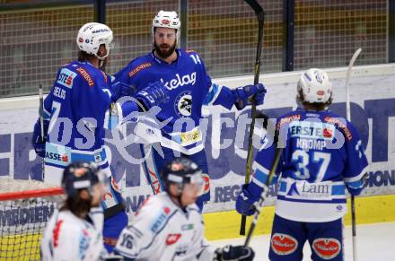 EBEL. Eishockey Bundesliga. EC VSV gegen Fehervar AV19. Torjubel Kyle Beach, Dave Shields, Christof Kromp (VSV). Villach, am 25.2.2018.
Foto: Kuess 


---
pressefotos, pressefotografie, kuess, qs, qspictures, sport, bild, bilder, bilddatenbank