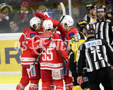 EBEL. Eishockey Bundesliga. KAC gegen 	Vienna Capitals. Torjubel Andrew Kozek , Ramon Schnetzer , Thomas Hundertpfund, Mitja Robar, Manuel Ganahl (KAC). Klagenfurt, am 28.2.2018.
Foto: Kuess

---
pressefotos, pressefotografie, kuess, qs, qspictures, sport, bild, bilder, bilddatenbank