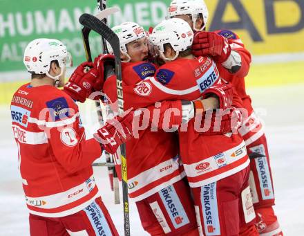 EBEL. Eishockey Bundesliga. KAC gegen 	Vienna Capitals. Torjubel Marco Brucker, Jonathan Rheault, Patrick Harand, Nickolas St Pierre (KAC). Klagenfurt, am 28.2.2018.
Foto: Kuess

---
pressefotos, pressefotografie, kuess, qs, qspictures, sport, bild, bilder, bilddatenbank