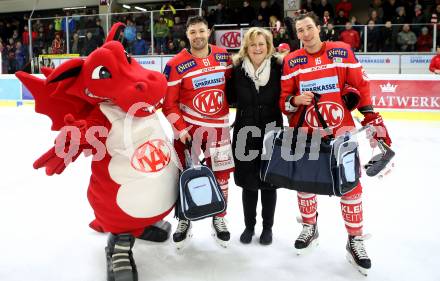 EBEL. Eishockey Bundesliga. KAC gegen 	Vienna Capitals. Spieler des Abends. Andrew Jacob Kozek, Patrick Harand (KAC). Klagenfurt, am 28.2.2018.
Foto: Kuess

---
pressefotos, pressefotografie, kuess, qs, qspictures, sport, bild, bilder, bilddatenbank