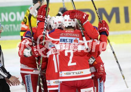 EBEL. Eishockey Bundesliga. KAC gegen 	Vienna Capitals. Torjubel Marco Brucker, Jonathan Rheault, Patrick Harand, Nickolas St Pierre (KAC). Klagenfurt, am 28.2.2018.
Foto: Kuess

---
pressefotos, pressefotografie, kuess, qs, qspictures, sport, bild, bilder, bilddatenbank