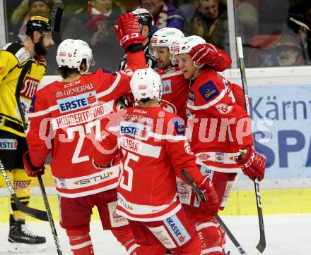 EBEL. Eishockey Bundesliga. KAC gegen 	Vienna Capitals. Torjubel  Andrew Kozek,  Ramon Schnetzer, Thomas Hundertpfund, Mitja Robar (KAC). Klagenfurt, am 28.2.2018.
Foto: Kuess

---
pressefotos, pressefotografie, kuess, qs, qspictures, sport, bild, bilder, bilddatenbank