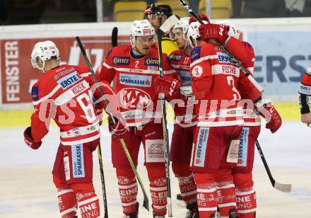 EBEL. Eishockey Bundesliga. KAC gegen 	Vienna Capitals. Torjubel Andrew Jacob Kozek, Manuel Ganahl, Marco Brucker, David Joseph Fischer, Nickolas St. Pierre (KAC). Klagenfurt, am 28.2.2018.
Foto: Kuess

---
pressefotos, pressefotografie, kuess, qs, qspictures, sport, bild, bilder, bilddatenbank