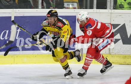 EBEL. Eishockey Bundesliga. KAC gegen 	Vienna Capitals. Nickolas St. Pierre (KAC), Peter Schneider  (Vienna Capitals). Klagenfurt, am 28.2.2018.
Foto: Kuess

---
pressefotos, pressefotografie, kuess, qs, qspictures, sport, bild, bilder, bilddatenbank