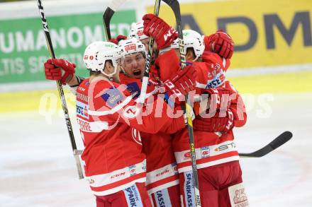 EBEL. Eishockey Bundesliga. KAC gegen 	Vienna Capitals. Torjubel Marco Brucker, Jonathan Rheault, Patrick Harand, Nickolas St Pierre (KAC). Klagenfurt, am 28.2.2018.
Foto: Kuess

---
pressefotos, pressefotografie, kuess, qs, qspictures, sport, bild, bilder, bilddatenbank