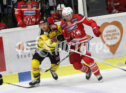 EBEL. Eishockey Bundesliga. KAC gegen 	Vienna Capitals.  Marco Brucker  (KAC), Jamie Fraser  (Vienna Capitals). Klagenfurt, am 28.2.2018.
Foto: Kuess

---
pressefotos, pressefotografie, kuess, qs, qspictures, sport, bild, bilder, bilddatenbank