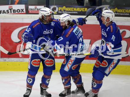 EBEL. Eishockey Bundesliga. EC VSV gegen Moser Medical Graz99ers. Torjubel Benjamin Lanzinger, Samuel Labrecque, Jordan Hickmott (VSV). Villach, am 2.3.2018.
Foto: Kuess 


---
pressefotos, pressefotografie, kuess, qs, qspictures, sport, bild, bilder, bilddatenbank
