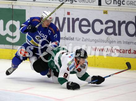 EBEL. Eishockey Bundesliga. EC VSV gegen Moser Medical Graz99ers. Philipp Wohlfahrt,  (VSV),  Amadeus Benito Egger (Graz). Villach, am 2.3.2018.
Foto: Kuess 


---
pressefotos, pressefotografie, kuess, qs, qspictures, sport, bild, bilder, bilddatenbank