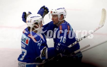 EBEL. Eishockey Bundesliga. EC VSV gegen Moser Medical Graz99ers. Torjubel Jordan Hickmott, Christof Kromp (VSV). Villach, am 2.3.2018.
Foto: Kuess 


---
pressefotos, pressefotografie, kuess, qs, qspictures, sport, bild, bilder, bilddatenbank