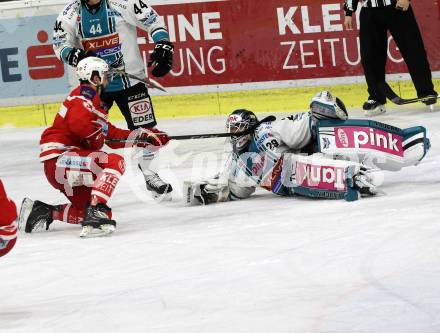 EBEL. Eishockey Bundesliga. KAC gegen 	EHC Liwest Black Wings Linz. Steven Strong  (KAC), Michael Ouzas (Linz). Klagenfurt, am 2.3.2018.
Foto: Kuess

---
pressefotos, pressefotografie, kuess, qs, qspictures, sport, bild, bilder, bilddatenbank